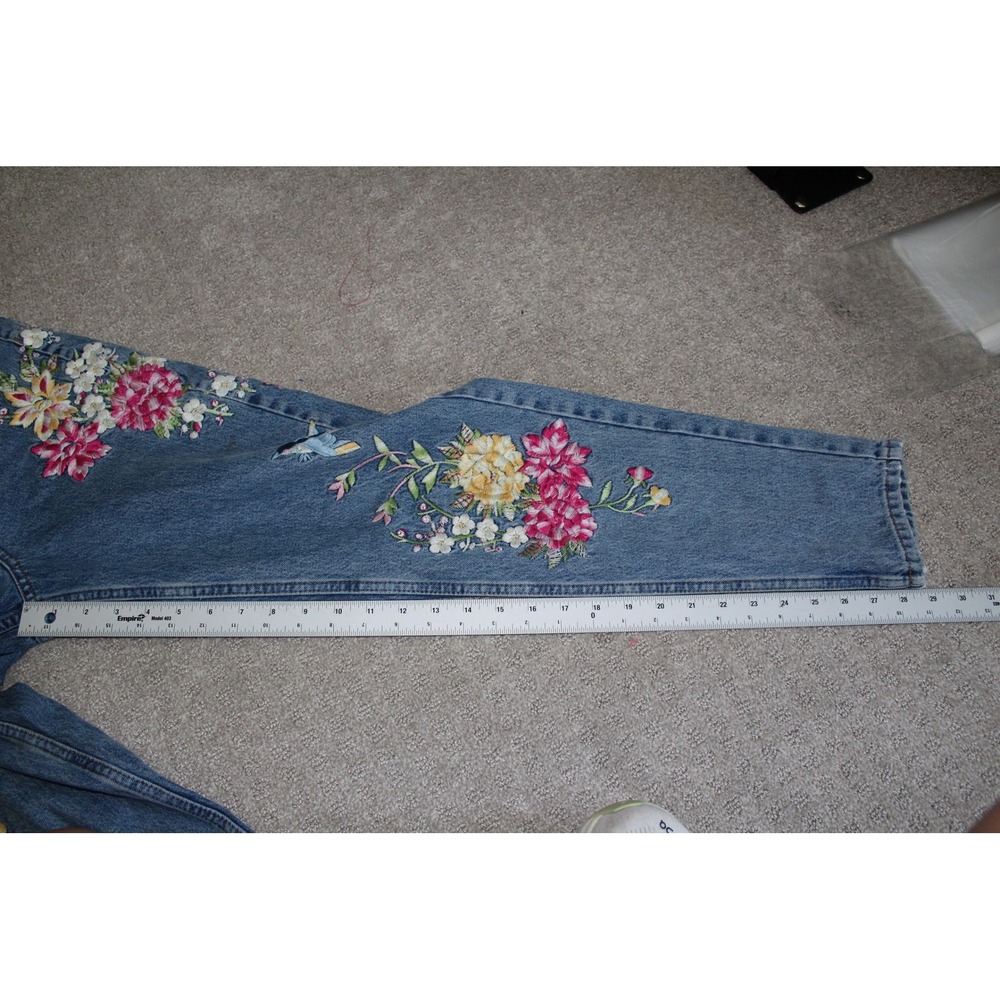 Topshop Moto Mom Jeans 25x32 Floral Hummingbird Embroidered High Rise No Stretch - Picture 8 of 12
